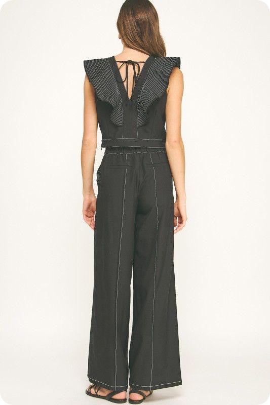Set negro sin mangas con volantes y pantal¨®n ancho