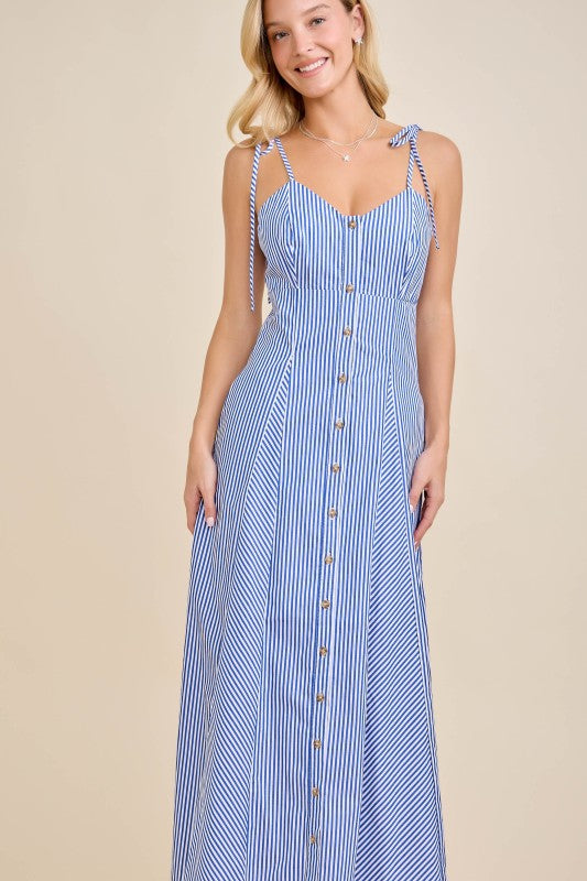 Striped tie-shoulder botton front dress