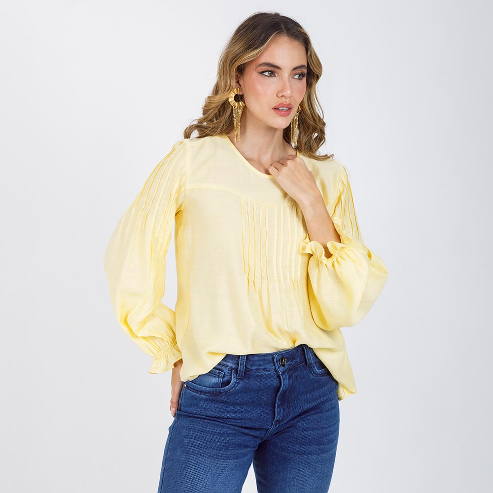 BLUSA MANGA LARGA PARA MUJER CON MINI ALFOZAS EN TELA CON EFECTO