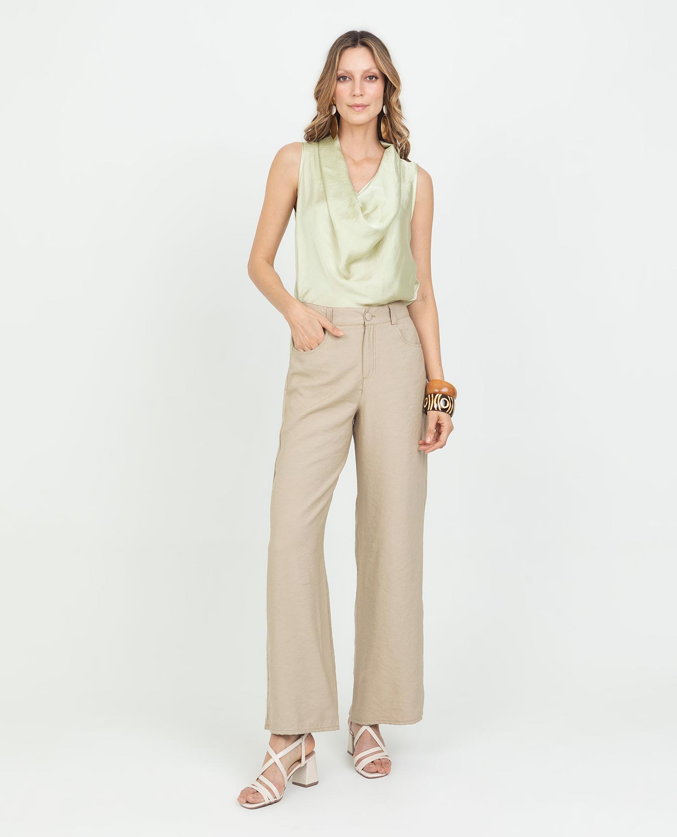PANTALON WIDE LEG PARA MUJER CINTURA CON ELASTICO Y BOTON FORRADO