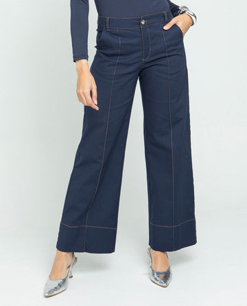 PANTALON PALAZZO PARA MUJER CON COSTURAS EN CONTRASTE EFECTO LINO