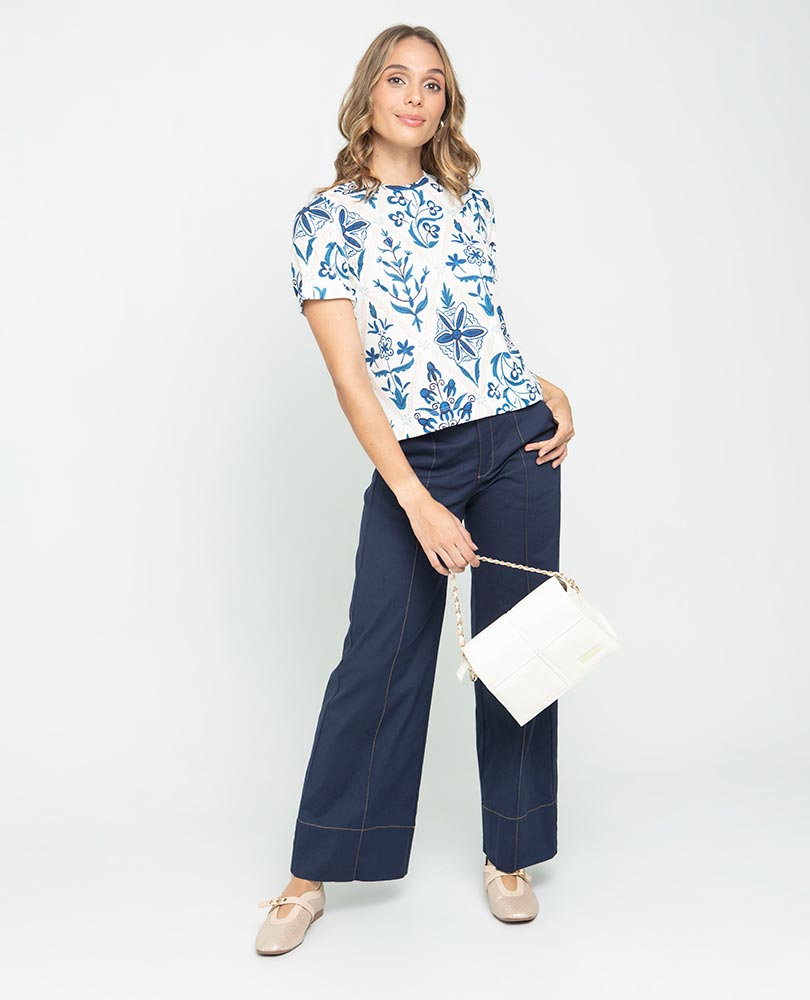PANTALON PALAZZO PARA MUJER CON COSTURAS EN CONTRASTE EFECTO LINO
