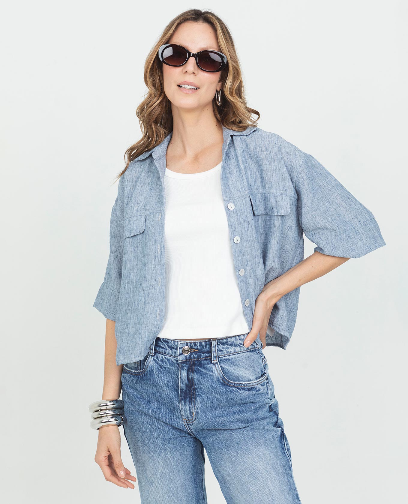 CAMISA MANGA AL CODO PARA MUJER CON TAPAS EN TELA CON EFECTO MELANGE