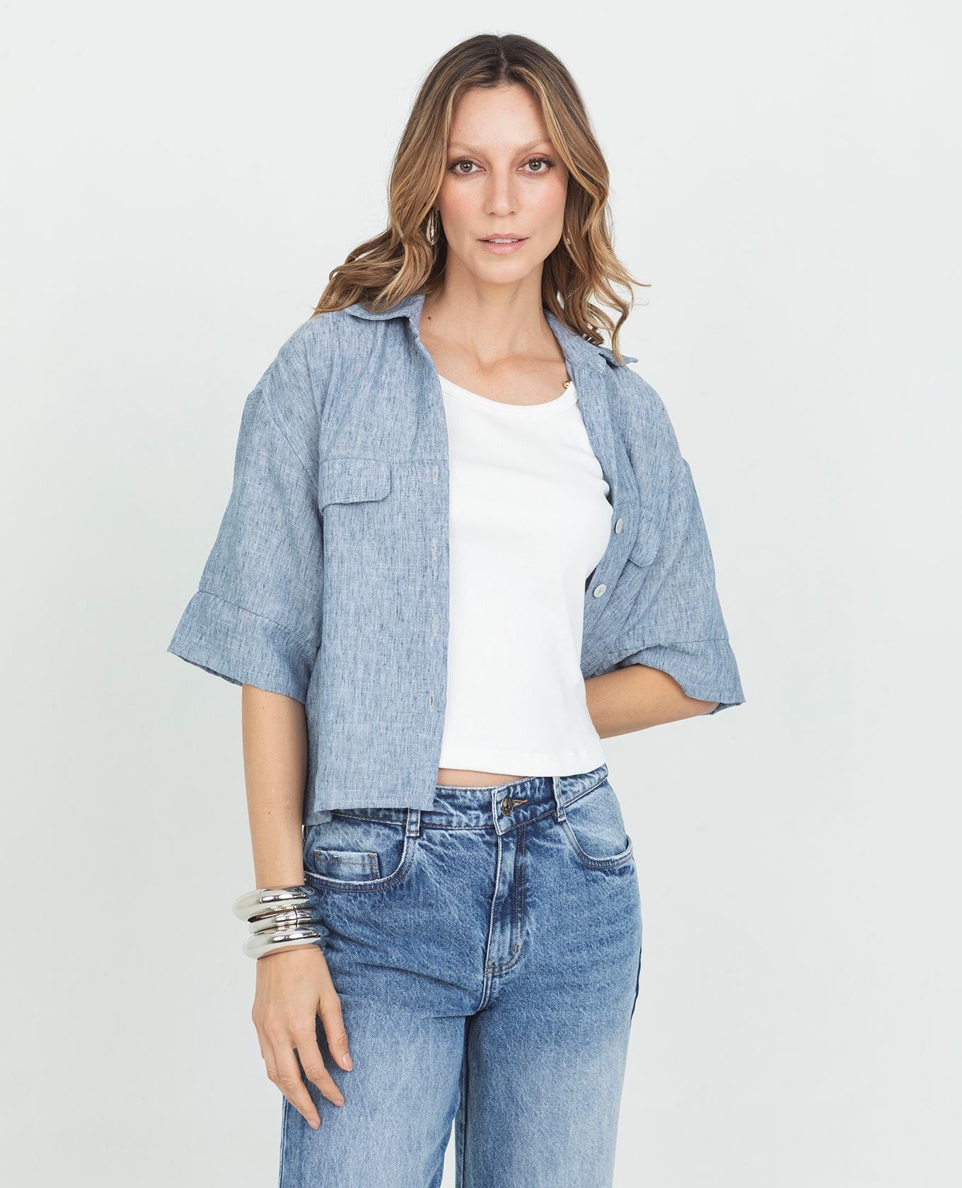 CAMISA MANGA AL CODO PARA MUJER CON TAPAS EN TELA CON EFECTO MELANGE