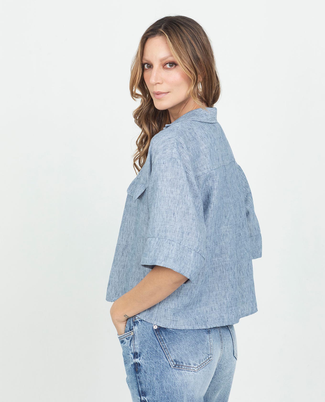CAMISA MANGA AL CODO PARA MUJER CON TAPAS EN TELA CON EFECTO MELANGE