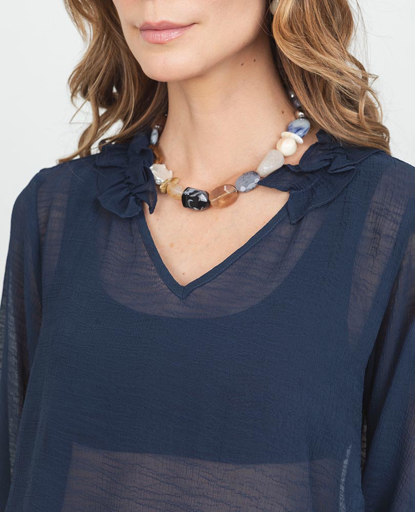 BLUSA EN TRANSPARENCIA PARA MUJER MANGA LARGA CON VOLUMEN ESCOTE V CON BOLERO