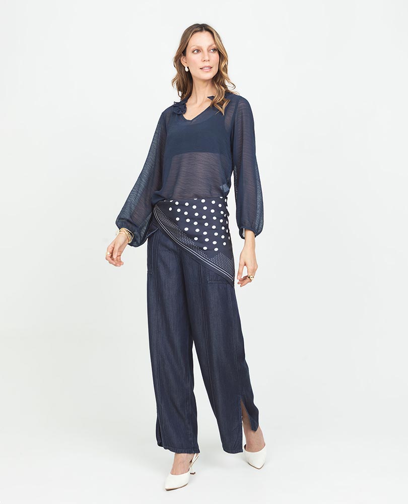 BLUSA EN TRANSPARENCIA PARA MUJER MANGA LARGA CON VOLUMEN ESCOTE V CON BOLERO