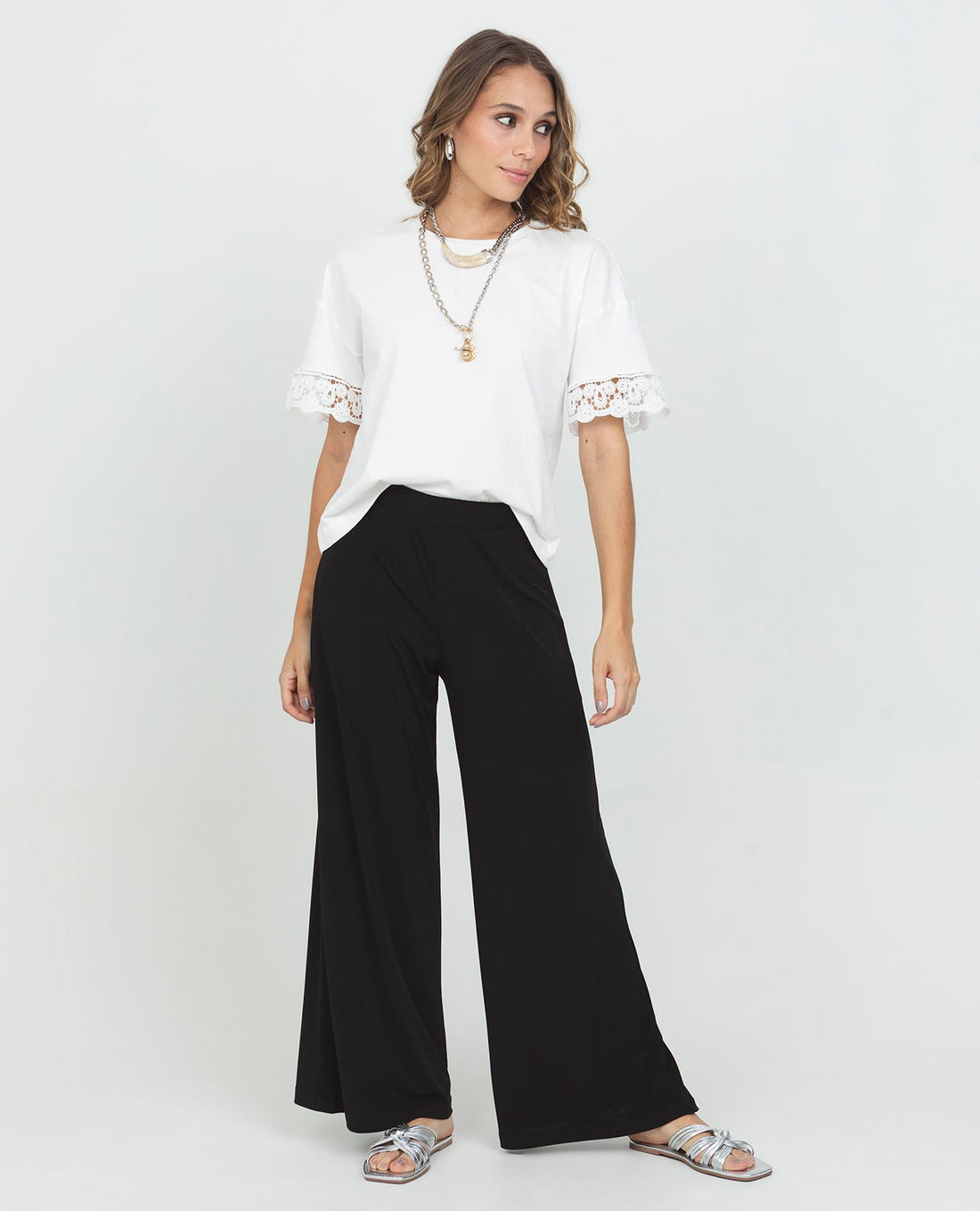 PANTAL¨®N PUNTO PARA MUJER SILUETA WIDE LEG CON EL¨¢STICO EN CINTURA