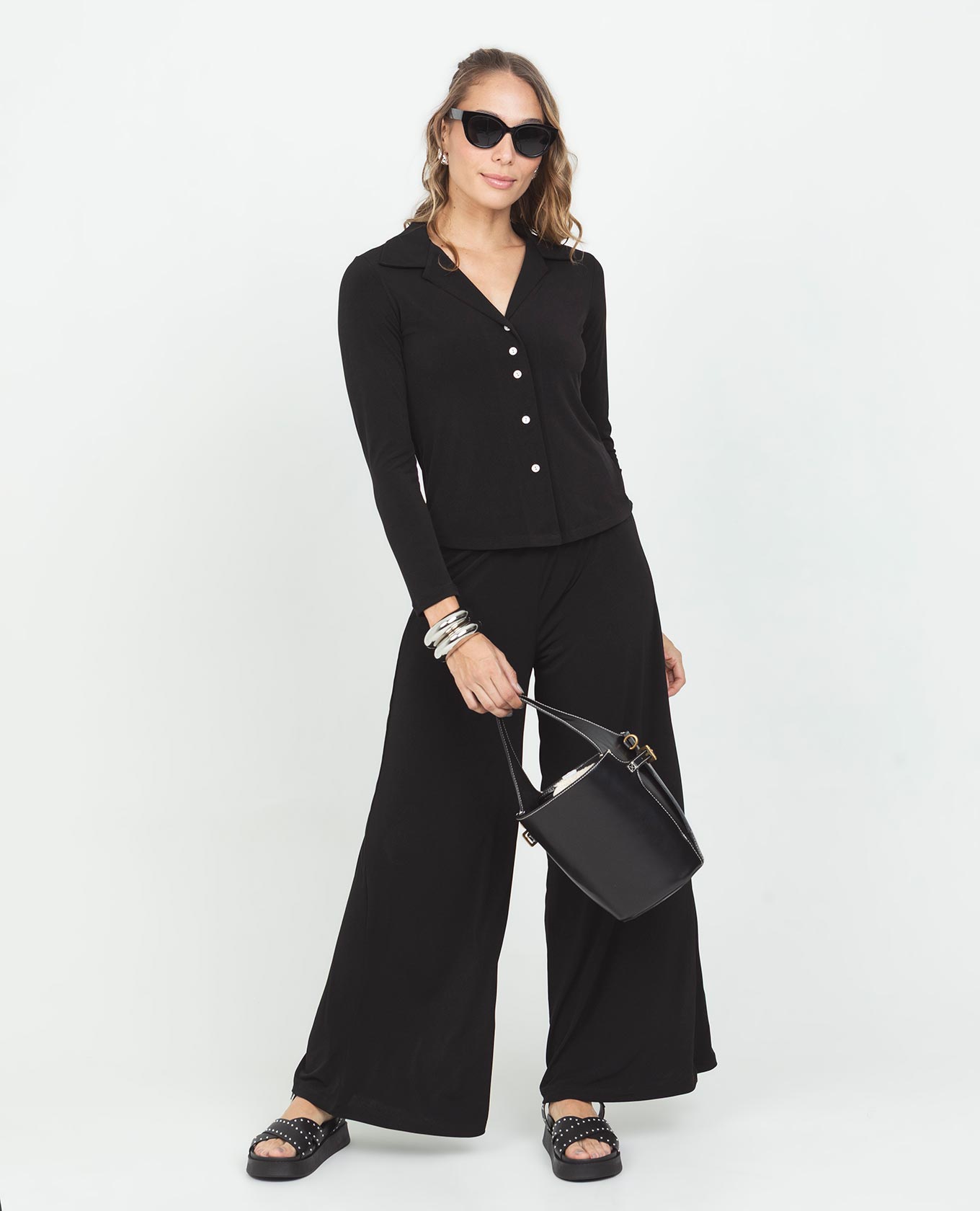 PANTAL¨®N PUNTO PARA MUJER SILUETA WIDE LEG CON EL¨¢STICO EN CINTURA