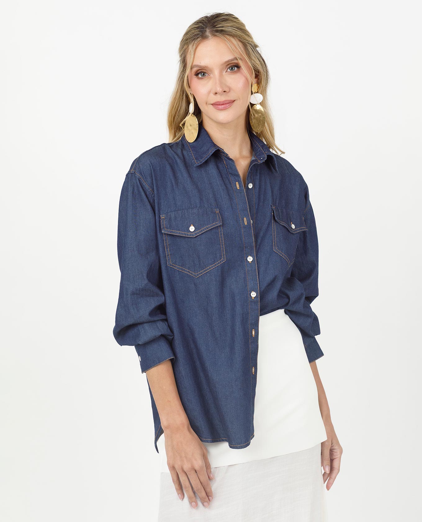 CAMISA CHAMBRAY PARA MUJER SILUETA REGULAR MANGA LARGA