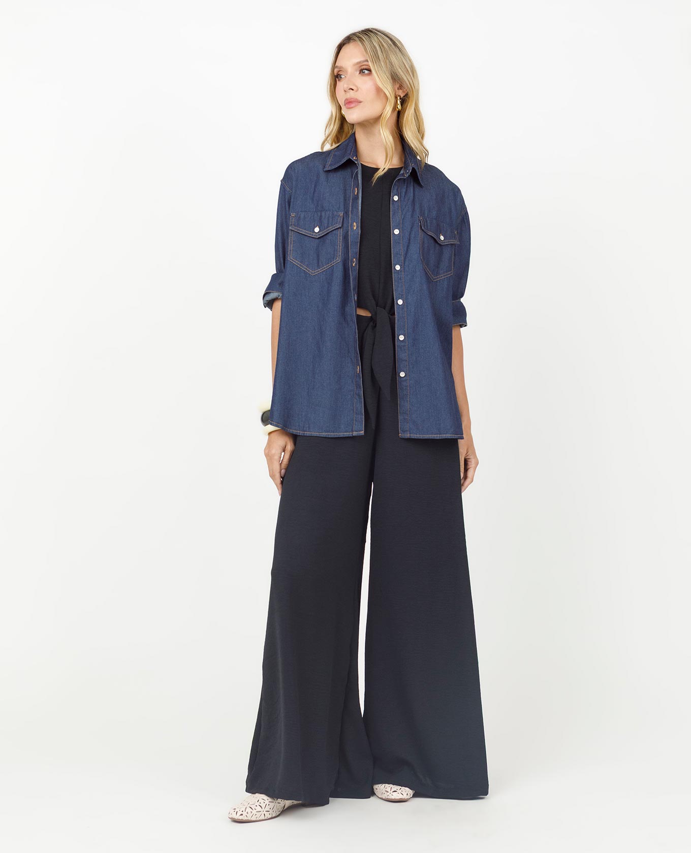CAMISA CHAMBRAY PARA MUJER SILUETA REGULAR MANGA LARGA