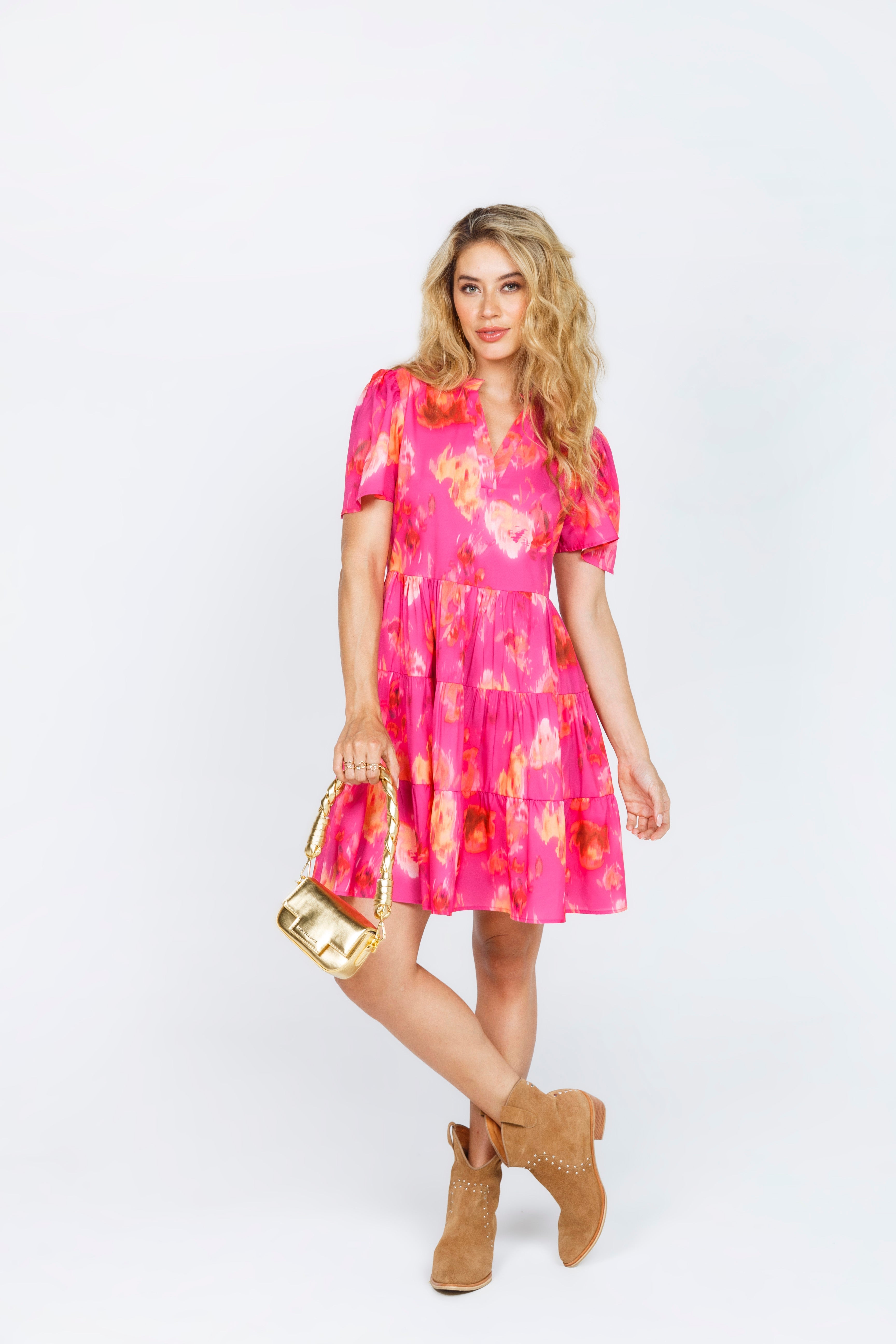 VESTIDO CORTO CUELLO NERU FUCSIA