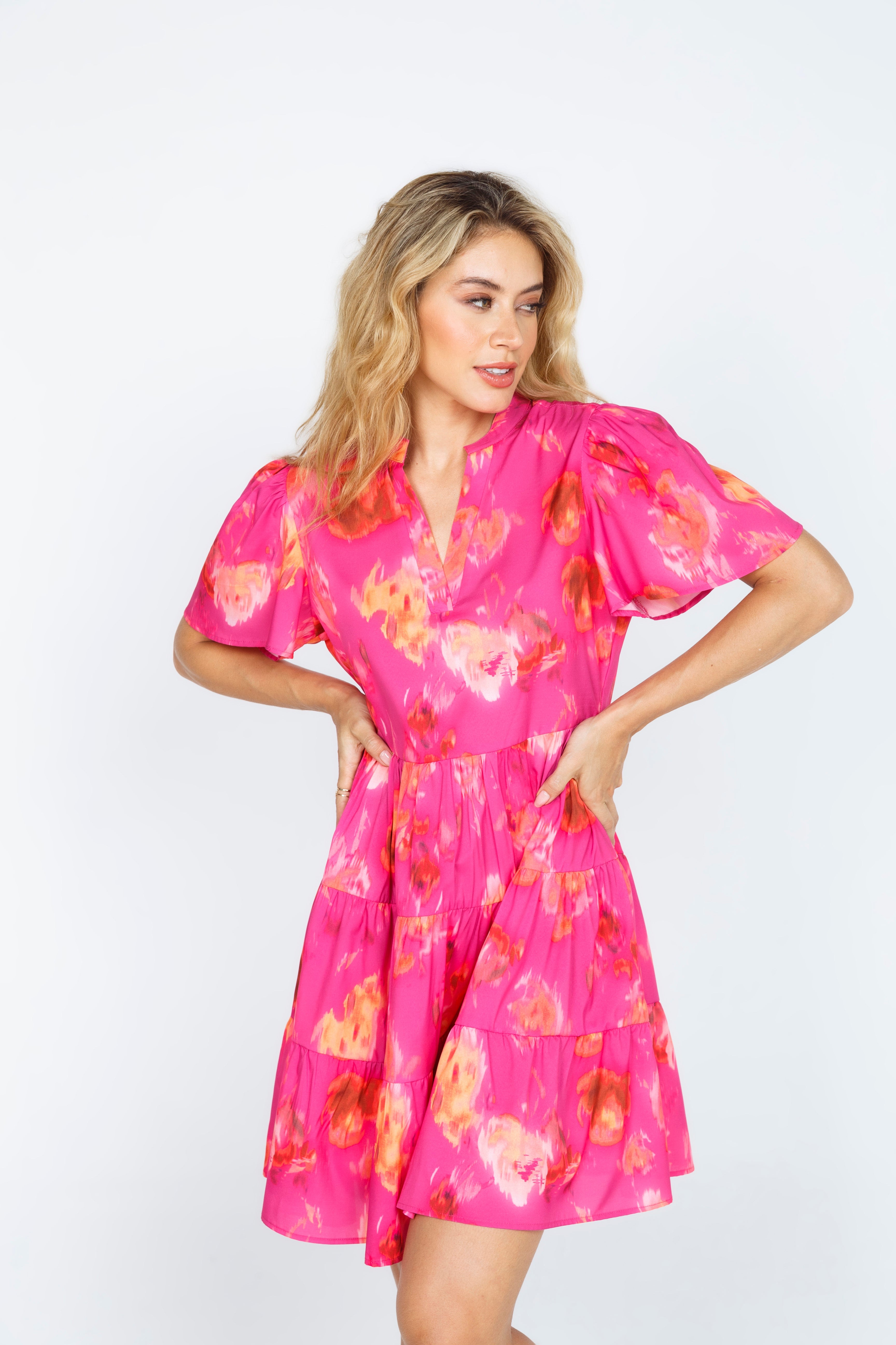VESTIDO CORTO CUELLO NERU FUCSIA