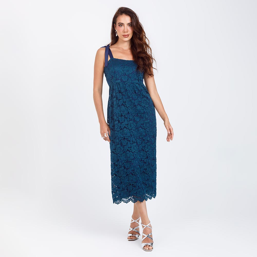 VESTIDO EN BLONDA CON TIRAS PARA ANUDAR AZUL TINTA