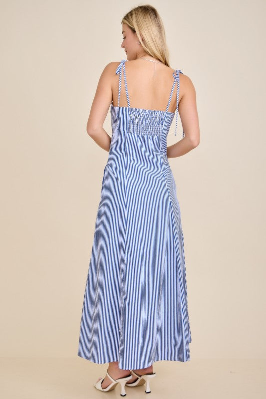 Striped tie-shoulder botton front dress