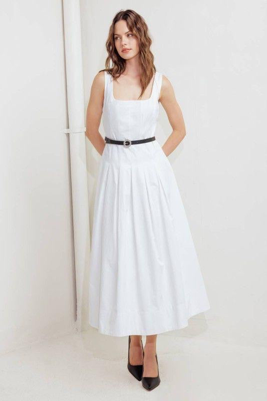 Vestido Midi Blanco | Tirantes Anchos y Falda Amplia con Cintur¨®n