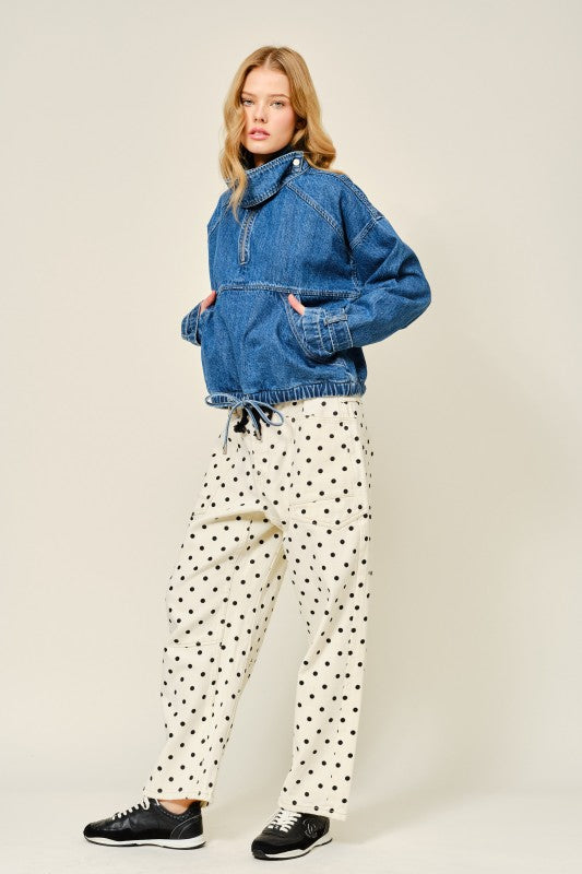 Dot Barrel Denim Pants With Eyelet Waist