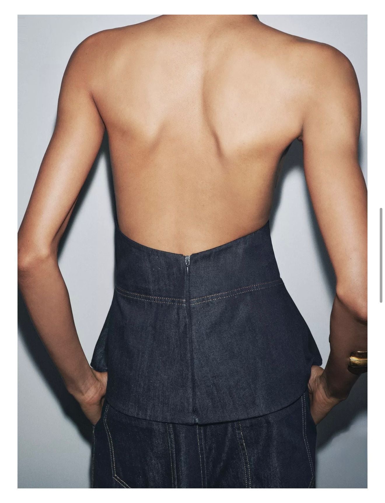 Set denim para mujer ¨C Top halter estructurado y pantal¨®n ancho tipo globo