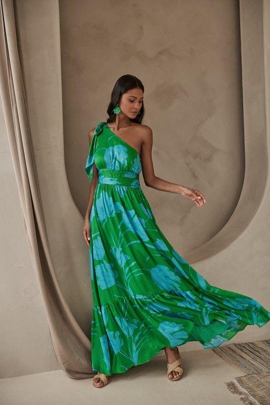 Vestido Largo Asim¨¦trico con Lazo ¨C Maxi Dress de Un Solo Hombro