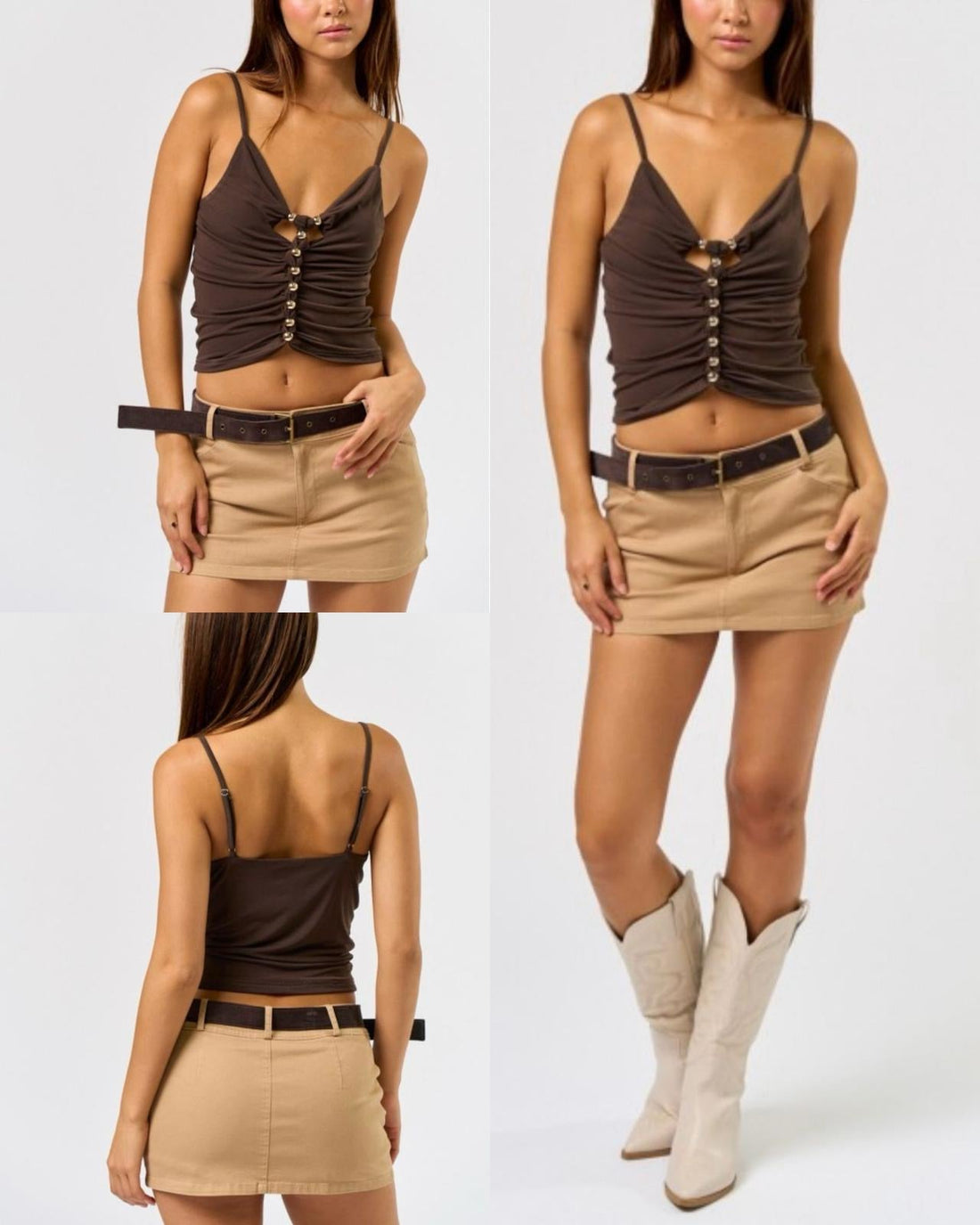 Top femenino con tirantes delgados, dise?o fruncido frontal y botones dorados.