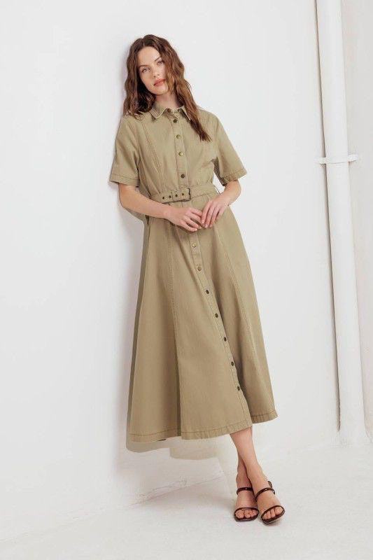 Vestido Camisero Midi | Corte Princesa en Denim Nude