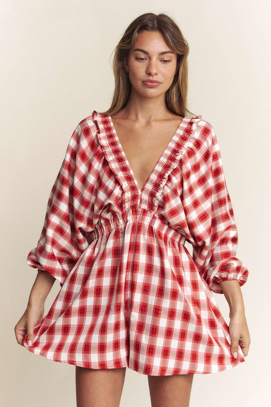Red Plaid Bohemian Romper with V-Neckline ¨C Short Boho Chic Style Bohemian