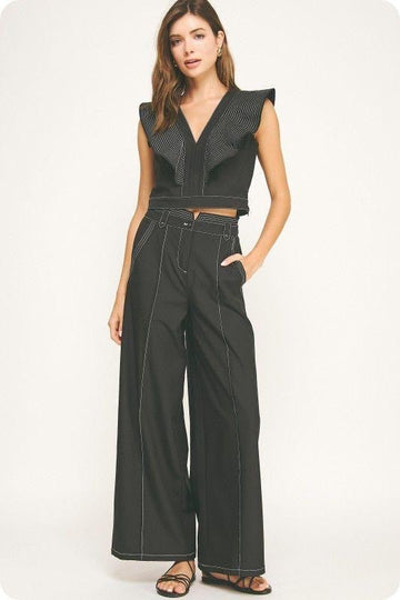 Set negro sin mangas con volantes y pantal¨®n ancho