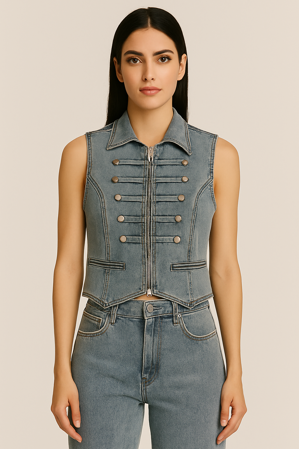 conjunto de la imagen est¨¢ compuesto por dos piezas de mezclilla (denim):

Chaleco corto: sin mangas, color azul mezclil