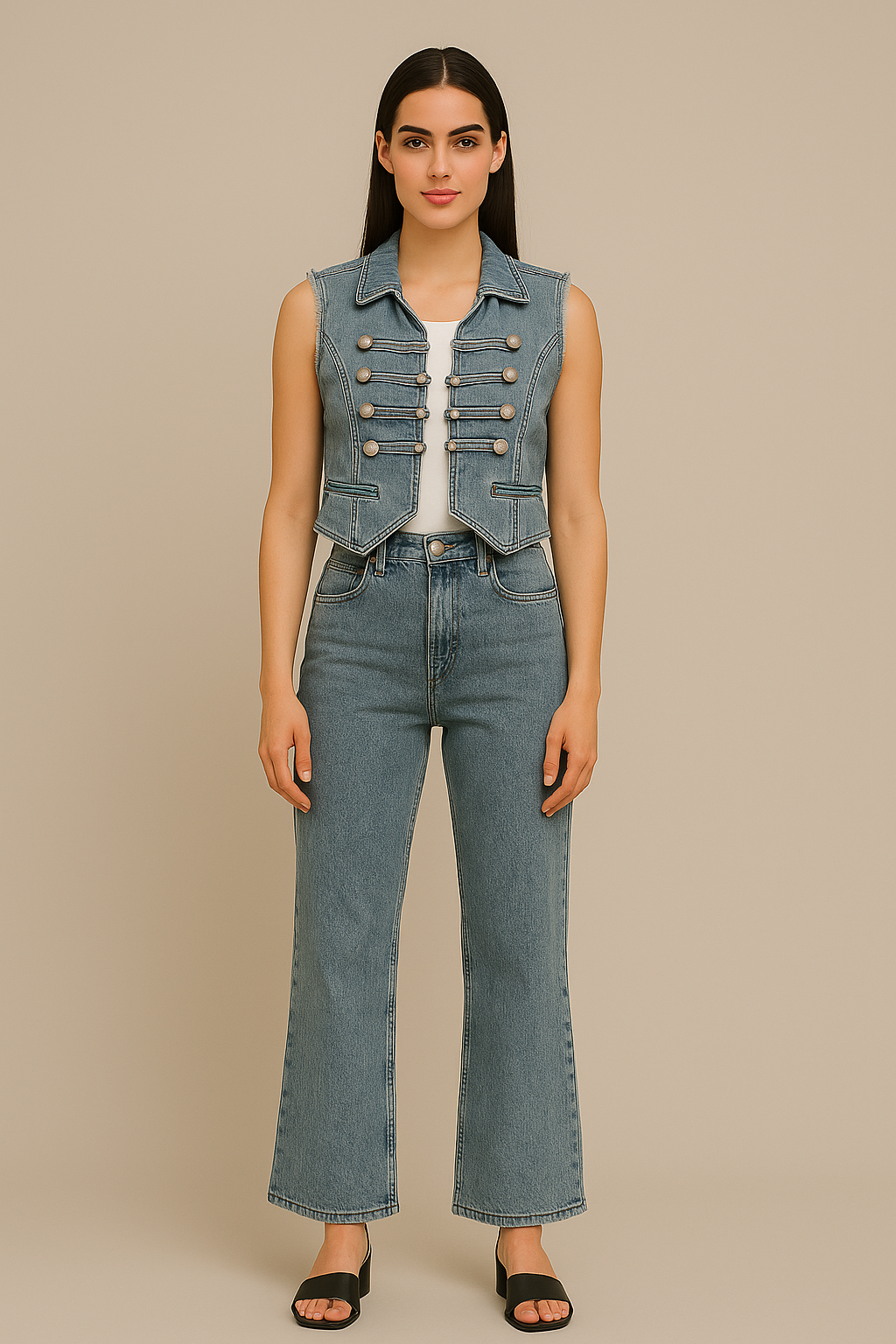 conjunto de la imagen est¨¢ compuesto por dos piezas de mezclilla (denim):

Chaleco corto: sin mangas, color azul mezclil