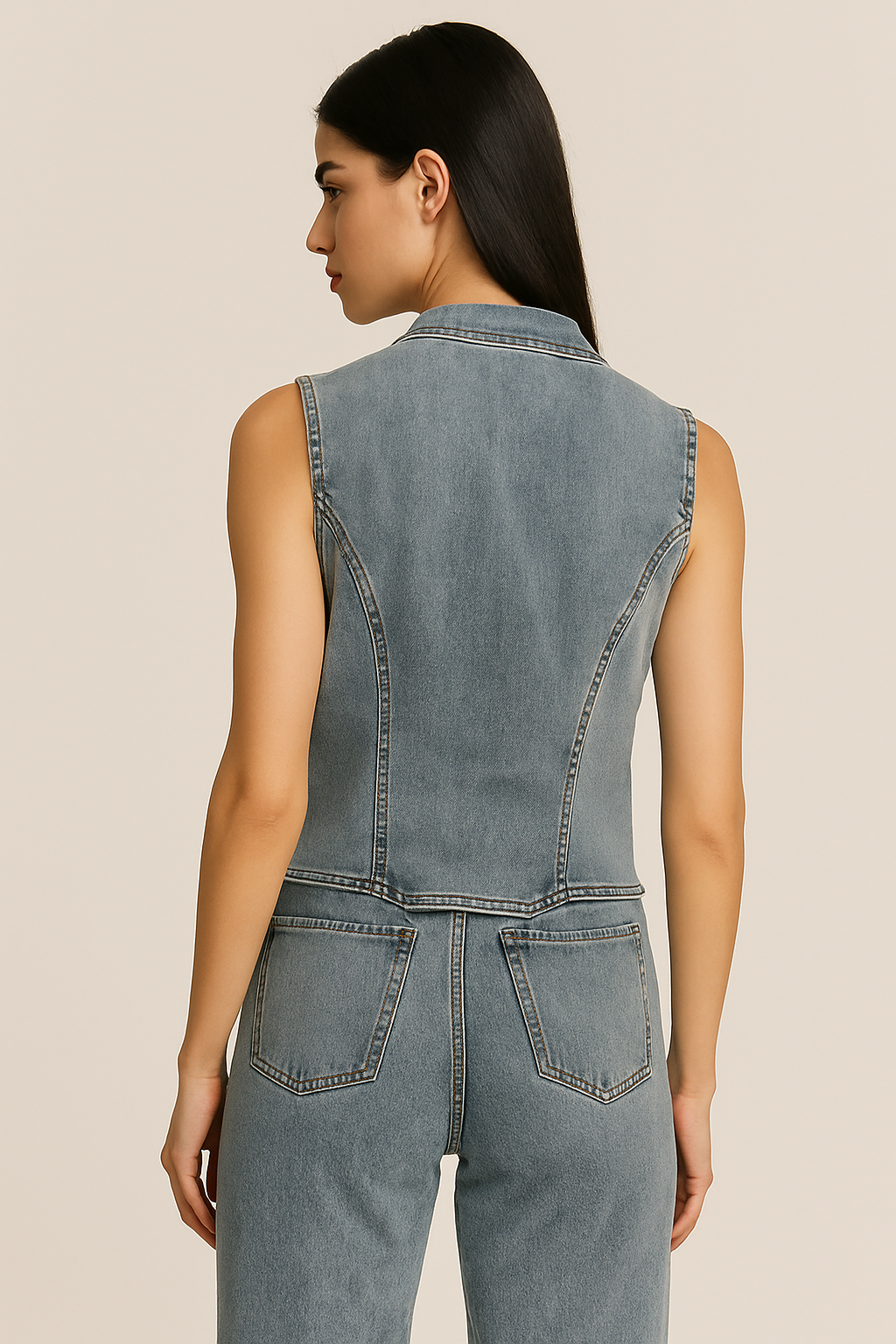 conjunto de la imagen est¨¢ compuesto por dos piezas de mezclilla (denim):

Chaleco corto: sin mangas, color azul mezclil