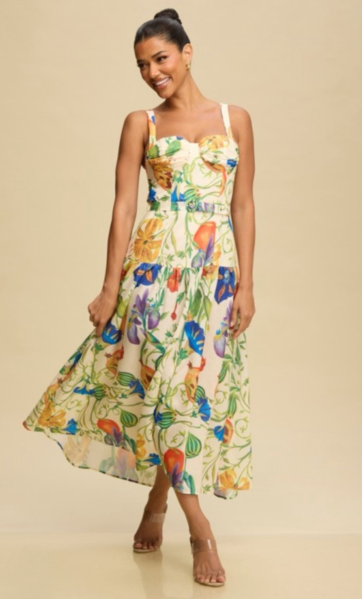Vestido Largo Estampado con Falda en A y Tirantes Finos