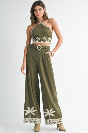 Conjunto dos piezas mujer verde oliva | Top halter bordado y pantal¨®n palazzo