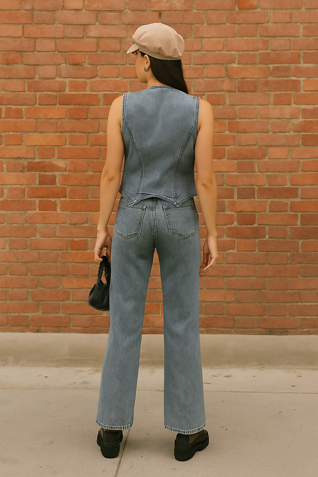 conjunto de la imagen est¨¢ compuesto por dos piezas de mezclilla (denim):

Chaleco corto: sin mangas, color azul mezclil