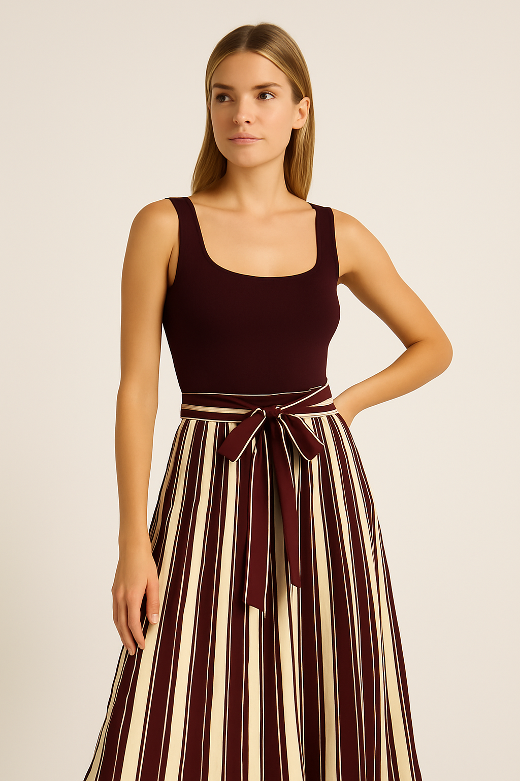 Vestido vino con falda larga de rayas beige y cintur¨®n ¡ª Escote cuadrado sin mangas
