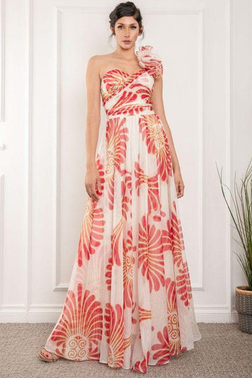 Vestido de Fiesta Asim¨¦trico con Flores Vinotinto | Rosevelvet