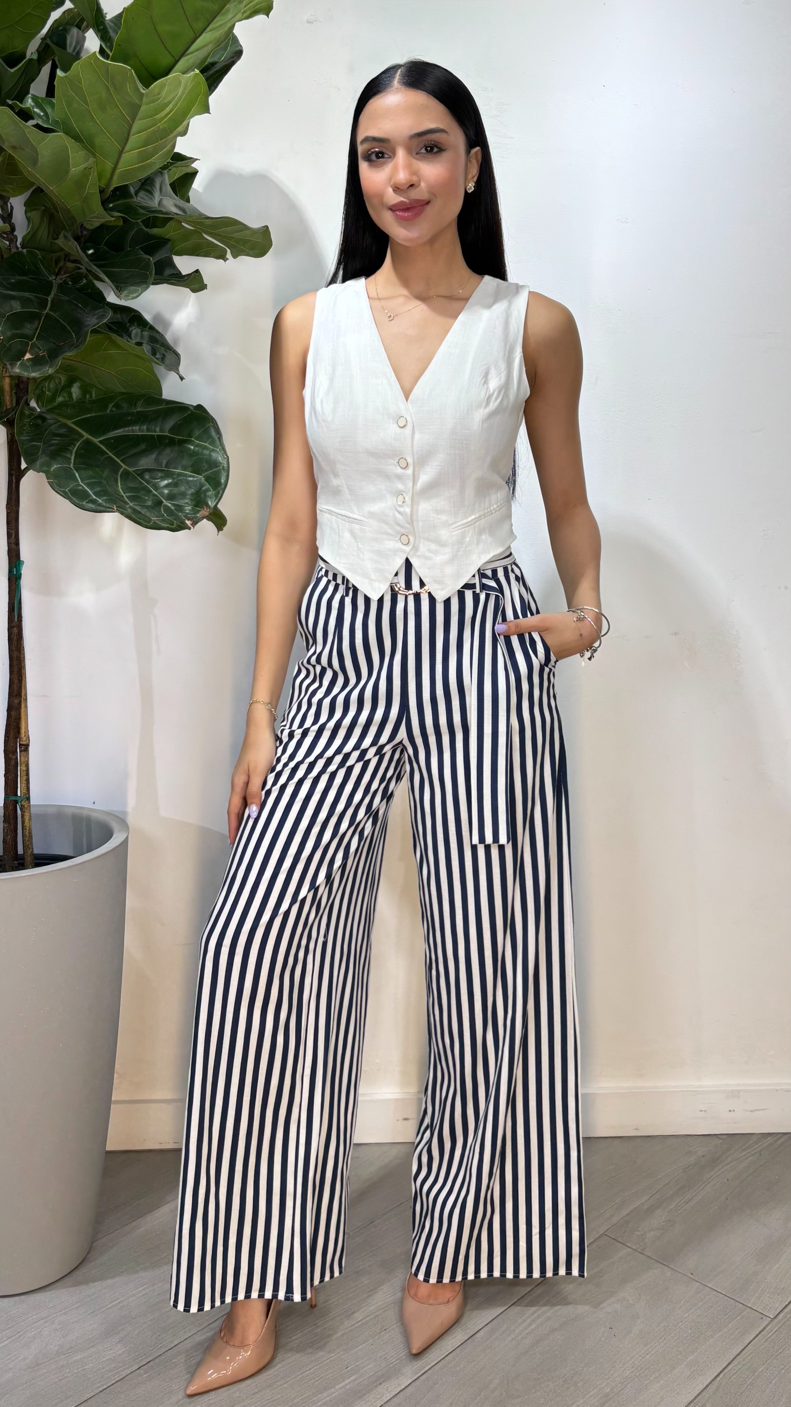 wide leg pants and white vest romper