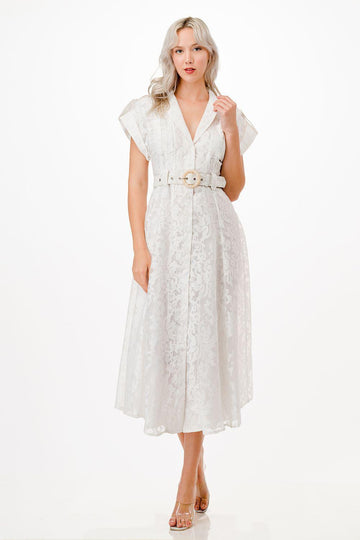 Vestido blanco midi con transparencia floral