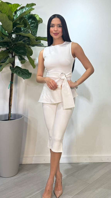 White set Capri and blouse with belt.