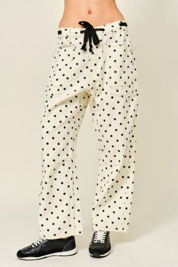 Dot Barrel Denim Pants With Eyelet Waist