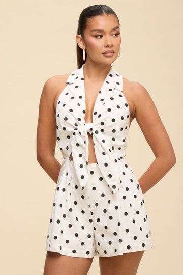 Polka dots tie front romper