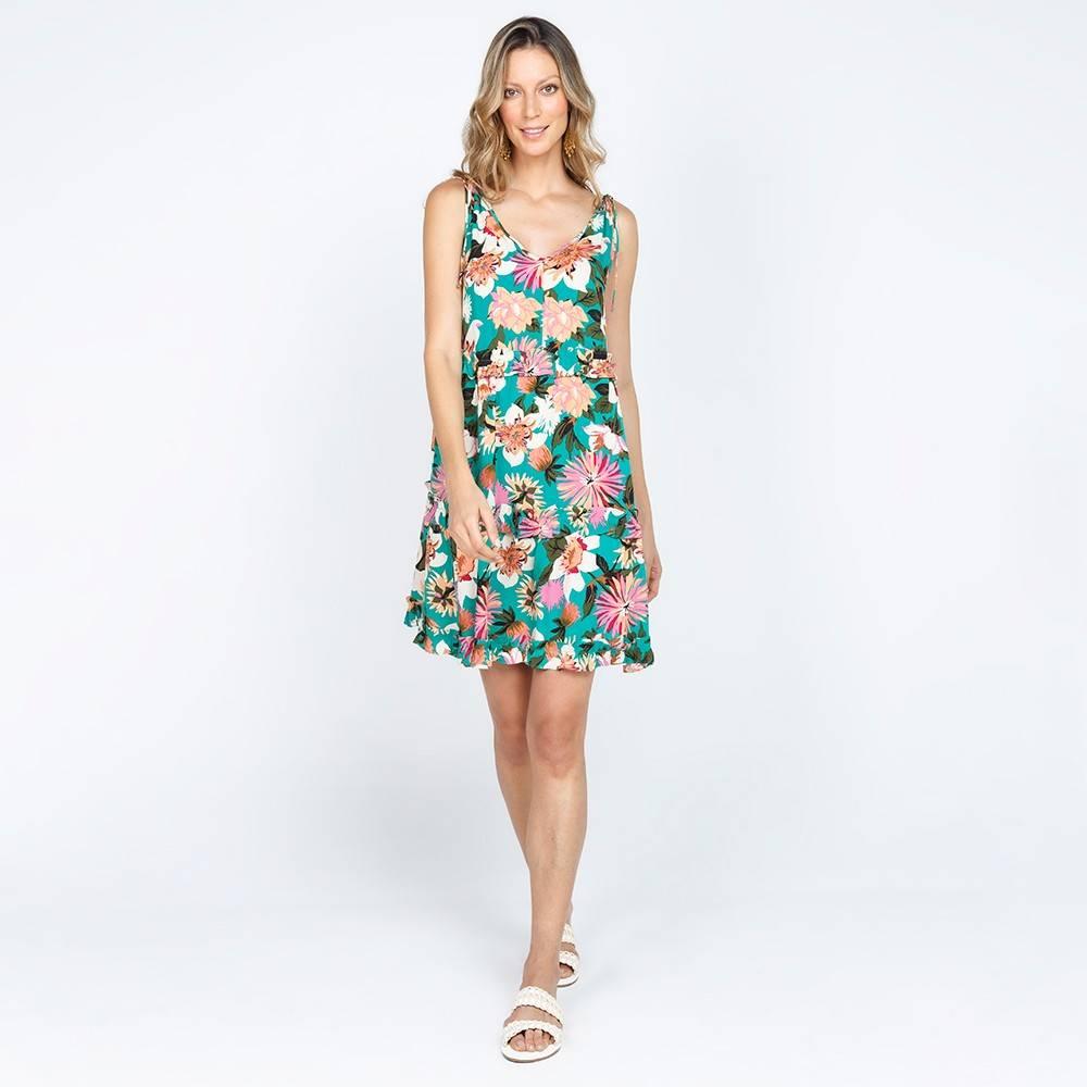 VESTIDO CORTO VERDE ESTAMPADO FLORES CON TIRAS